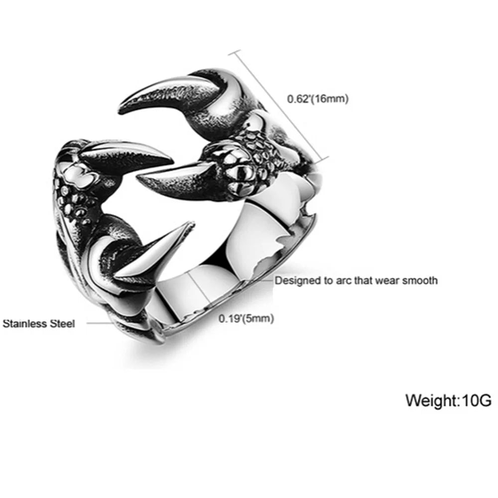 Dragon Claw Heart Ring — Stainless Steel Punk Chrome