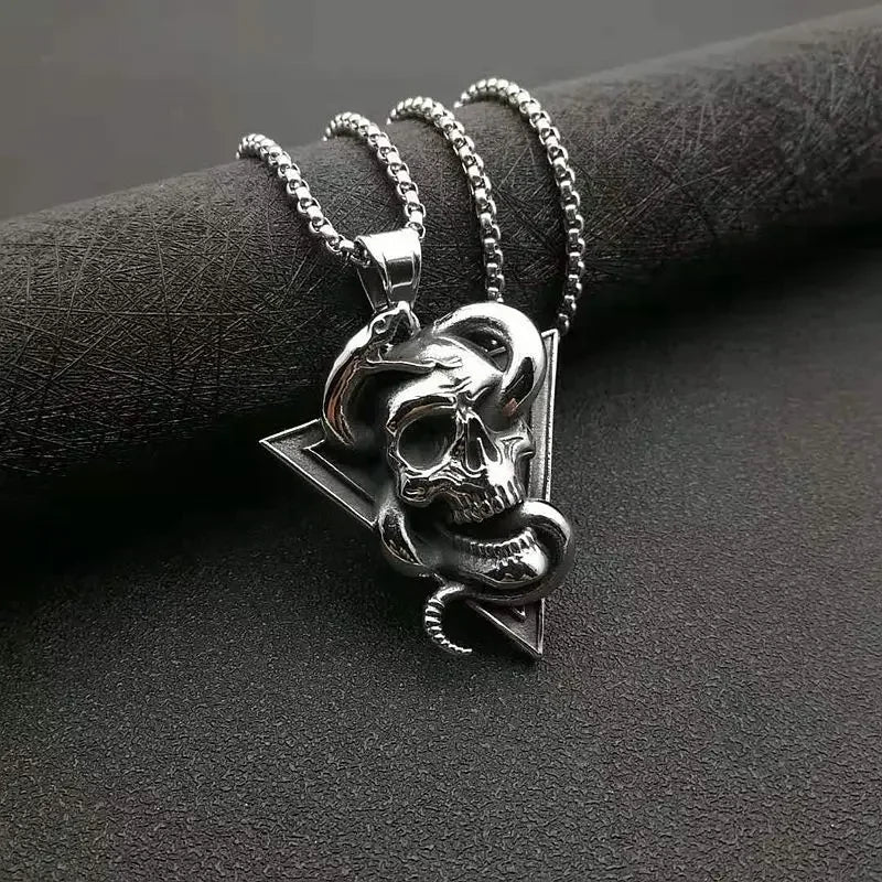 Geometric Serpent Skull Pendant Necklace — Vintage Silver
