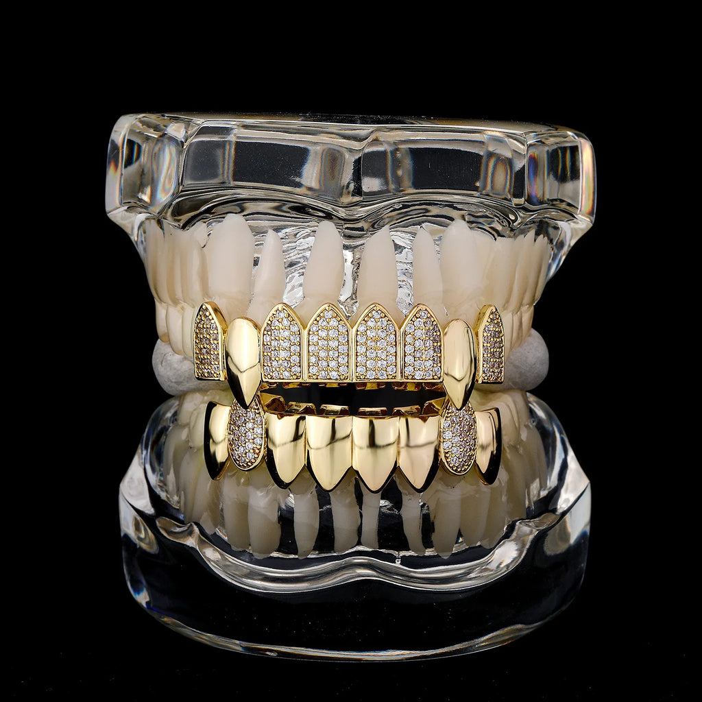 CZ Zircon Glossy Grillz — 6x Gold Plated Hip-Hop Fangs