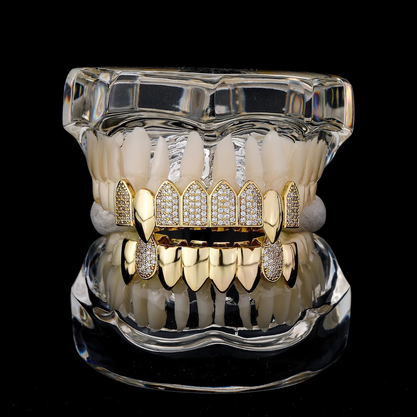 CZ Zircon Glossy Grillz — 6x Gold Plated Hip-Hop Fangs