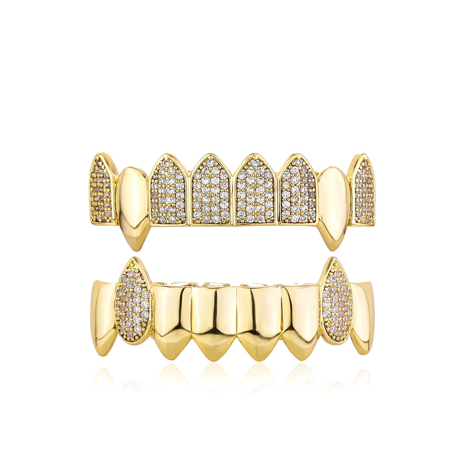 CZ Zircon Glossy Grillz — 6x Gold Plated Hip-Hop Fangs