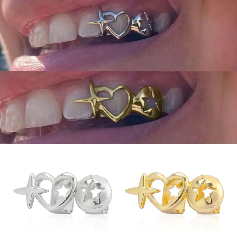 Double Heart & Stars Dental Grillz — Hip-Hop Stainless Steel