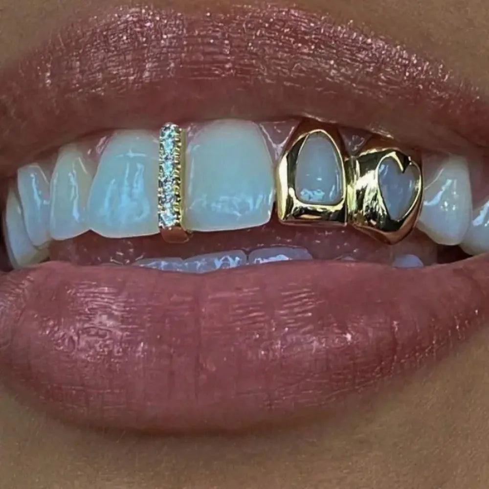 Hollowed Heart Zircon Dental Grillz — Gold & Silver
