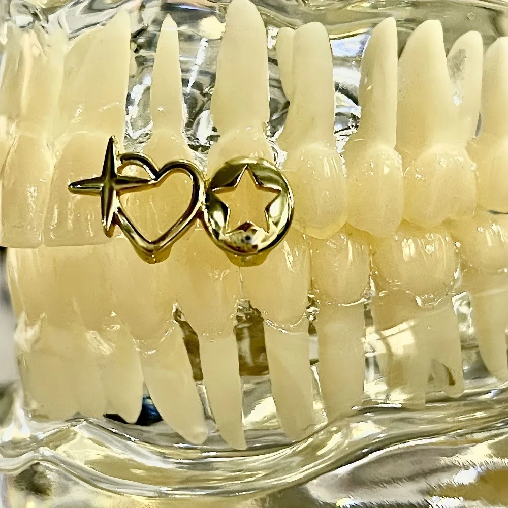 Double Heart & Stars Dental Grillz — Hip-Hop Stainless Steel