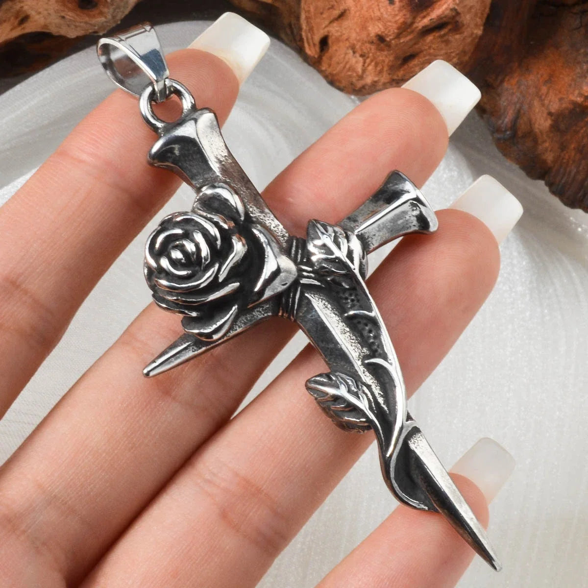 Gothic Cross with Rose Pendant