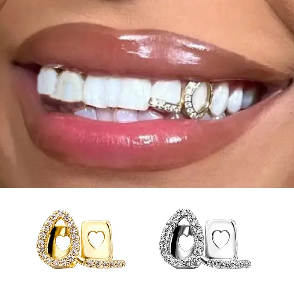 Flame Bar Zircon Grillz — 14K Gold Plated Hip-Hop Tooth Cap