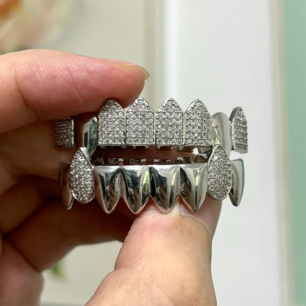 CZ Zircon Glossy Grillz — 6x Gold Plated Hip-Hop Fangs