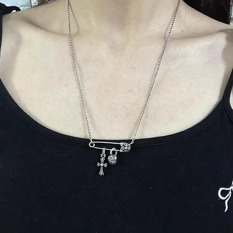 Heart Cross Pin Pendant Necklace