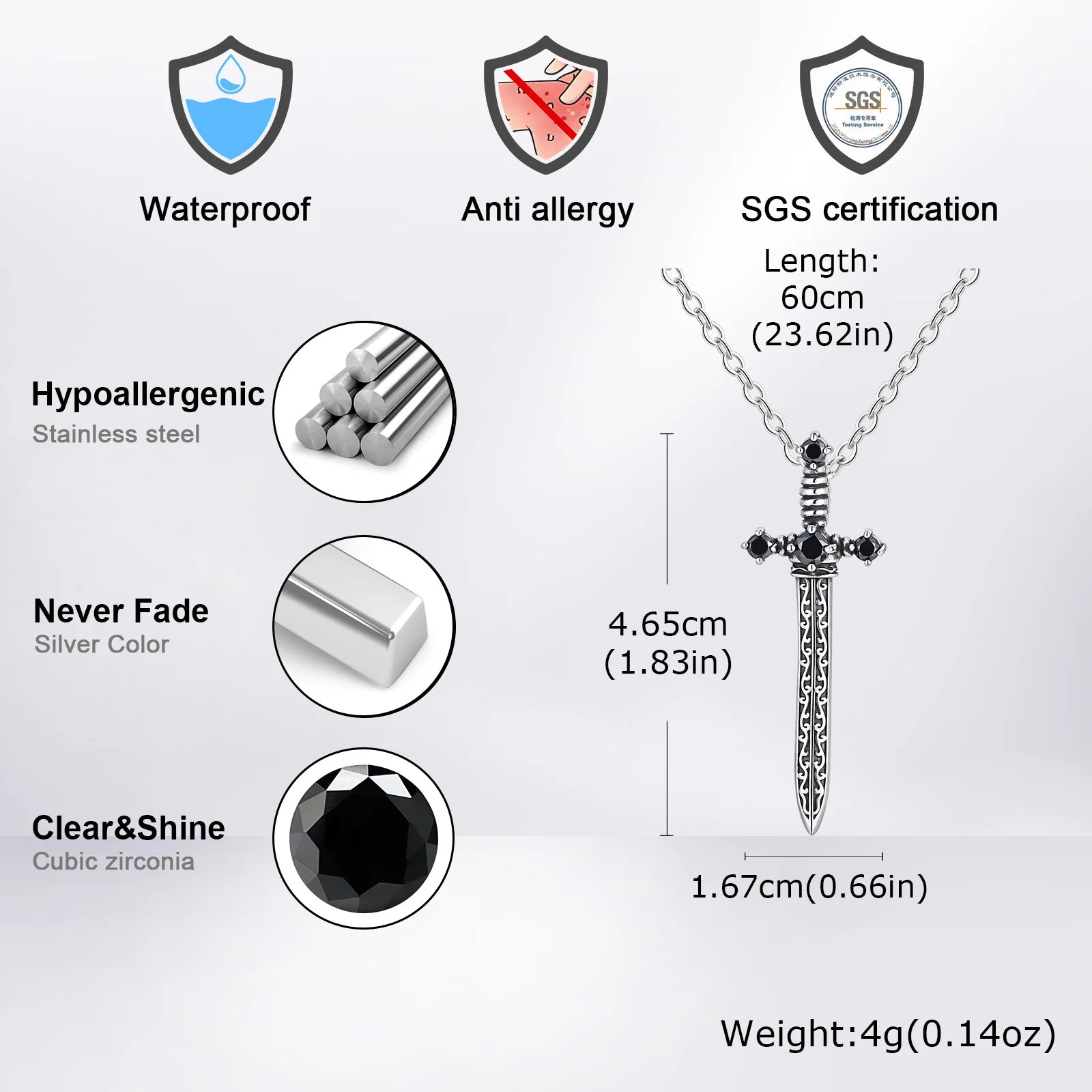 Black Zircon Sword Pendant Necklace