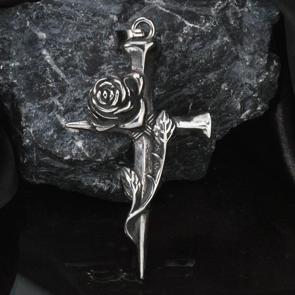 Gothic Cross with Rose Pendant