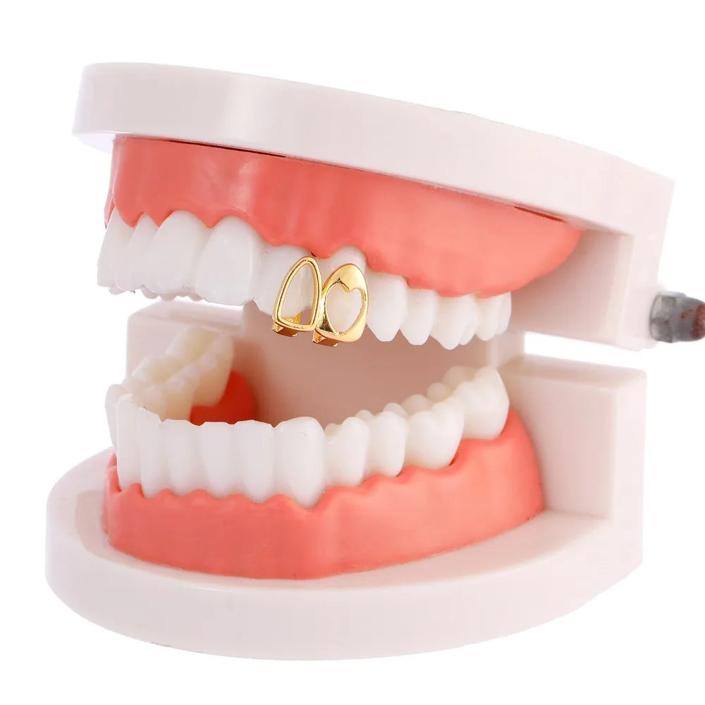 Hollowed Heart Zircon Dental Grillz — Gold & Silver