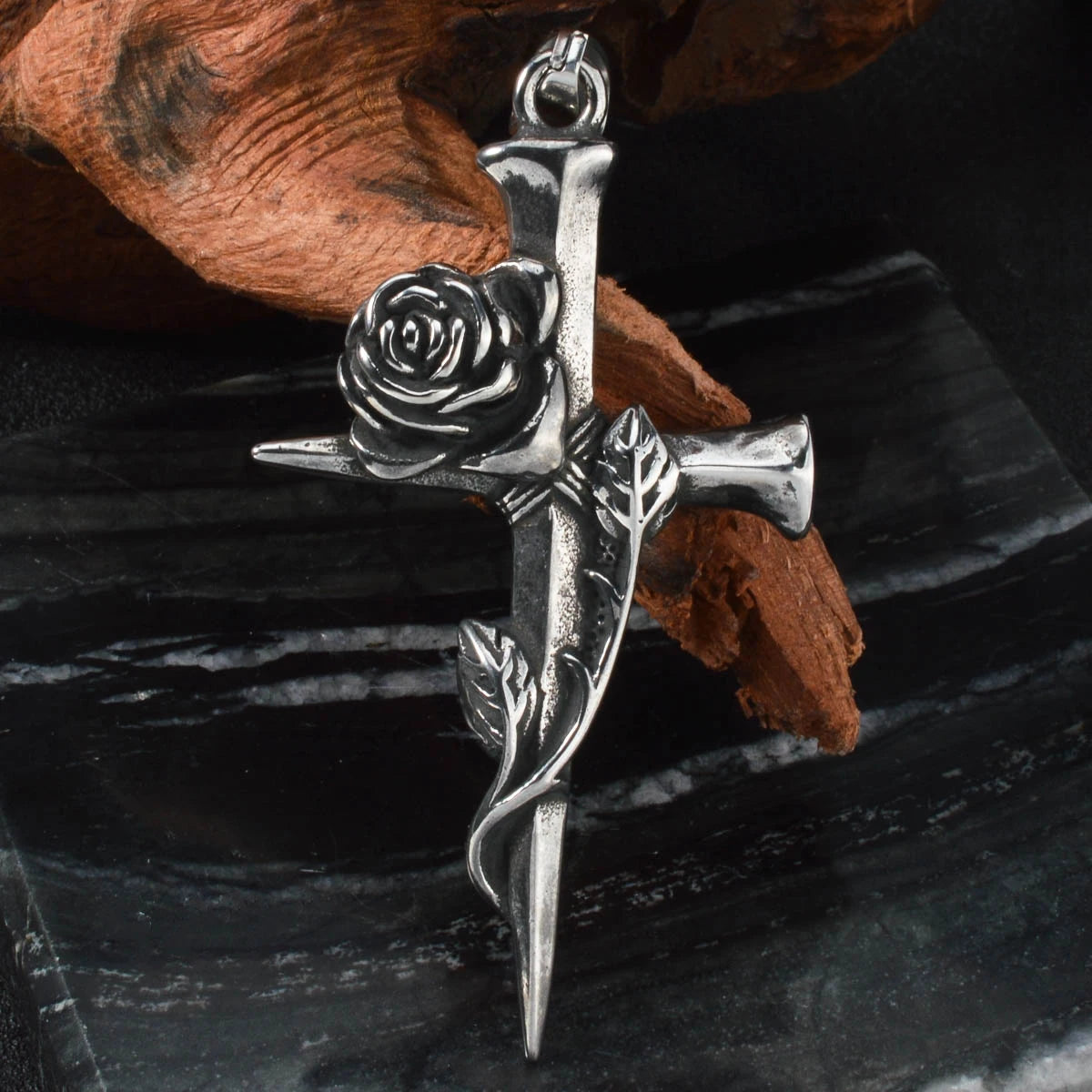 Gothic Cross with Rose Pendant