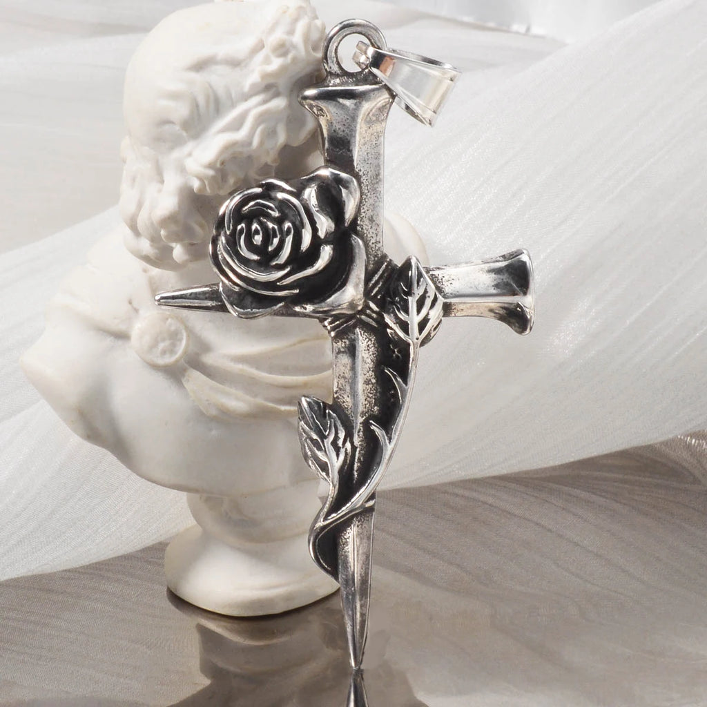 Gothic Cross with Rose Pendant