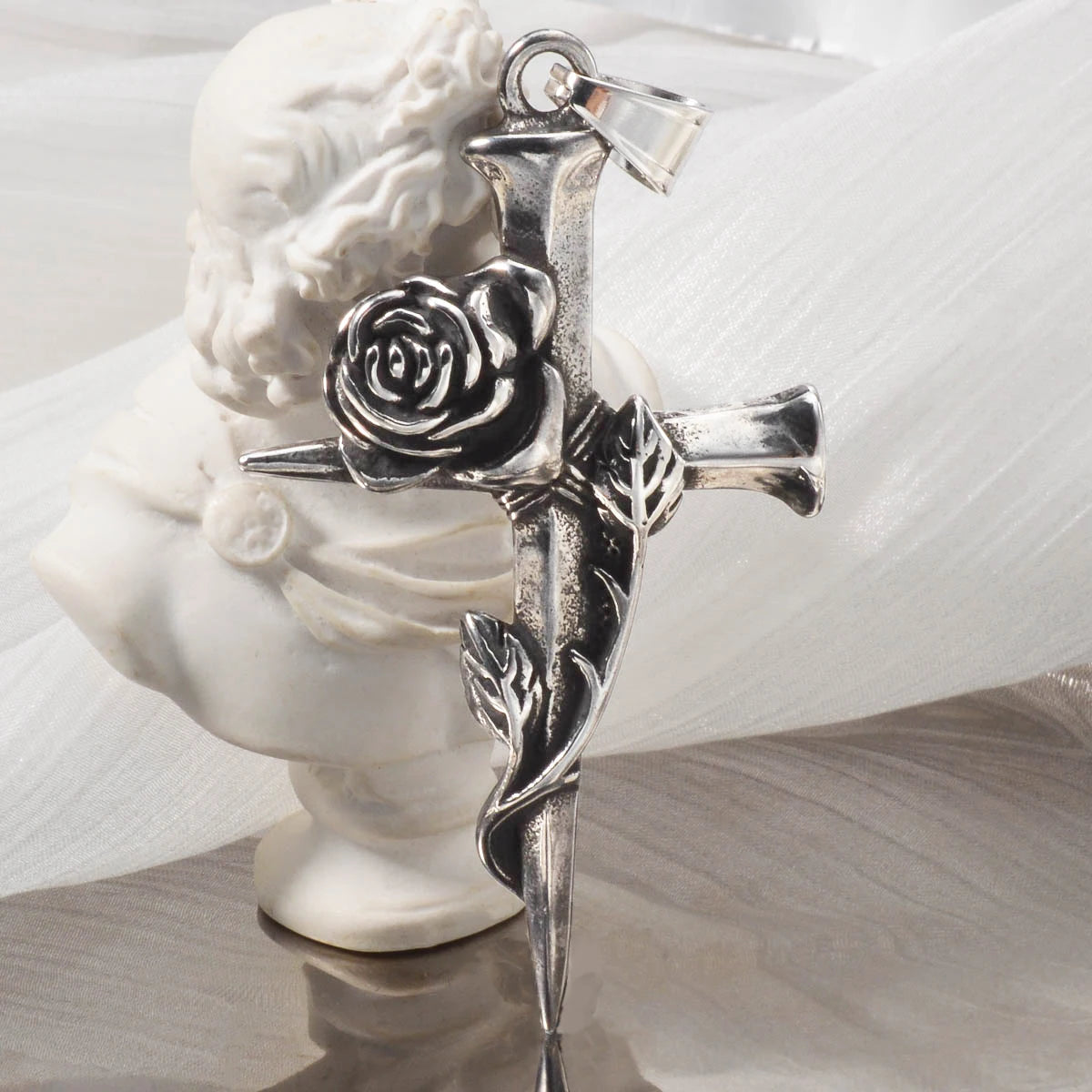 Gothic Cross with Rose Pendant