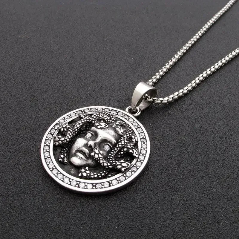 Gothic Medusa Serpent Pendant Necklace — Frosted Silver