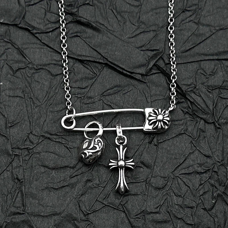 Heart Cross Pin Pendant Necklace