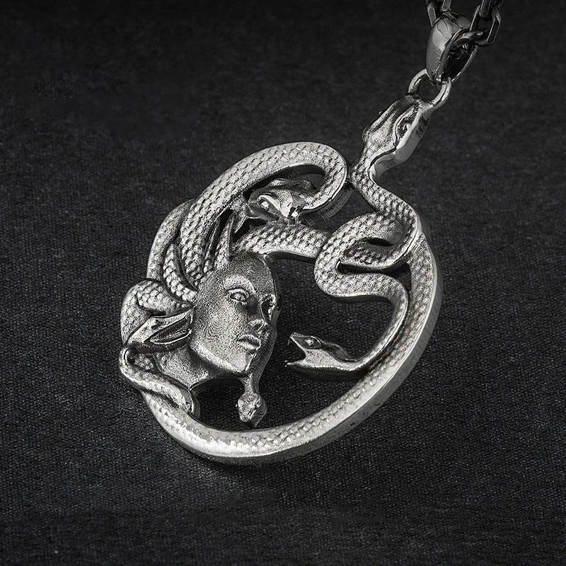 Gothic Medusa Serpent Pendant Necklace — Vintage Silver
